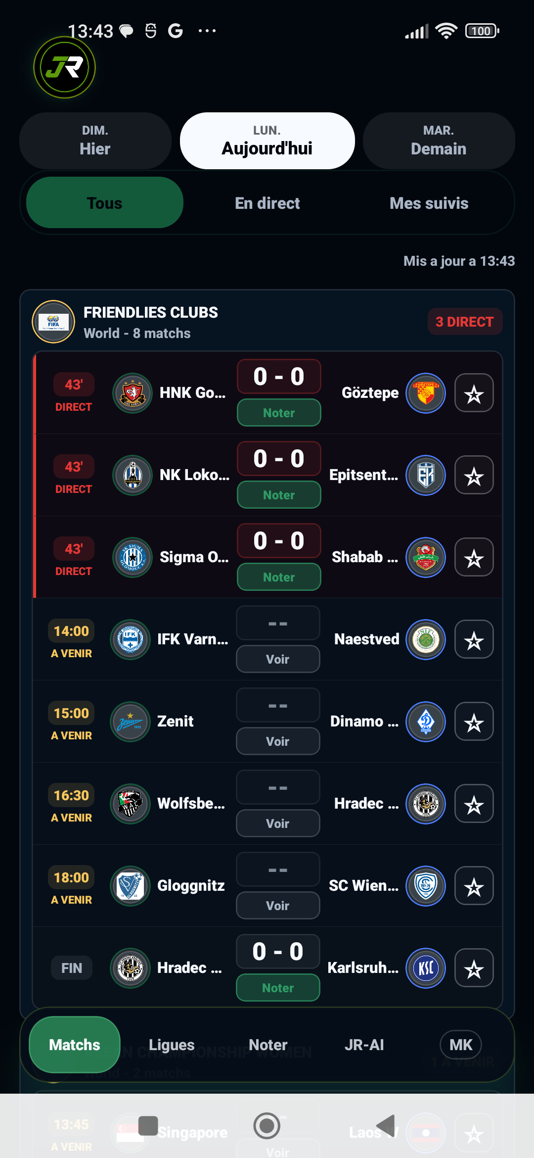 Scores live JustRate sur Android